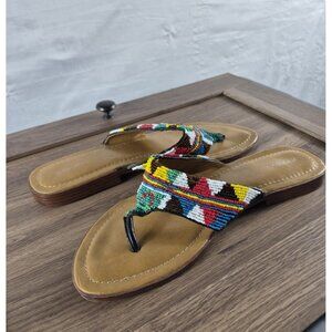 Xhilaration Women's Blue Tan Beaded Tribal Theme Summer Tong Sandals Size 10